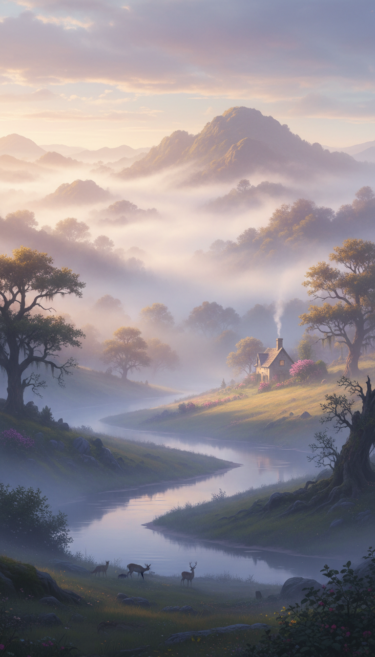 Eine verträumte Landschaft früh am Morgen, noch in Nebel gehüllt