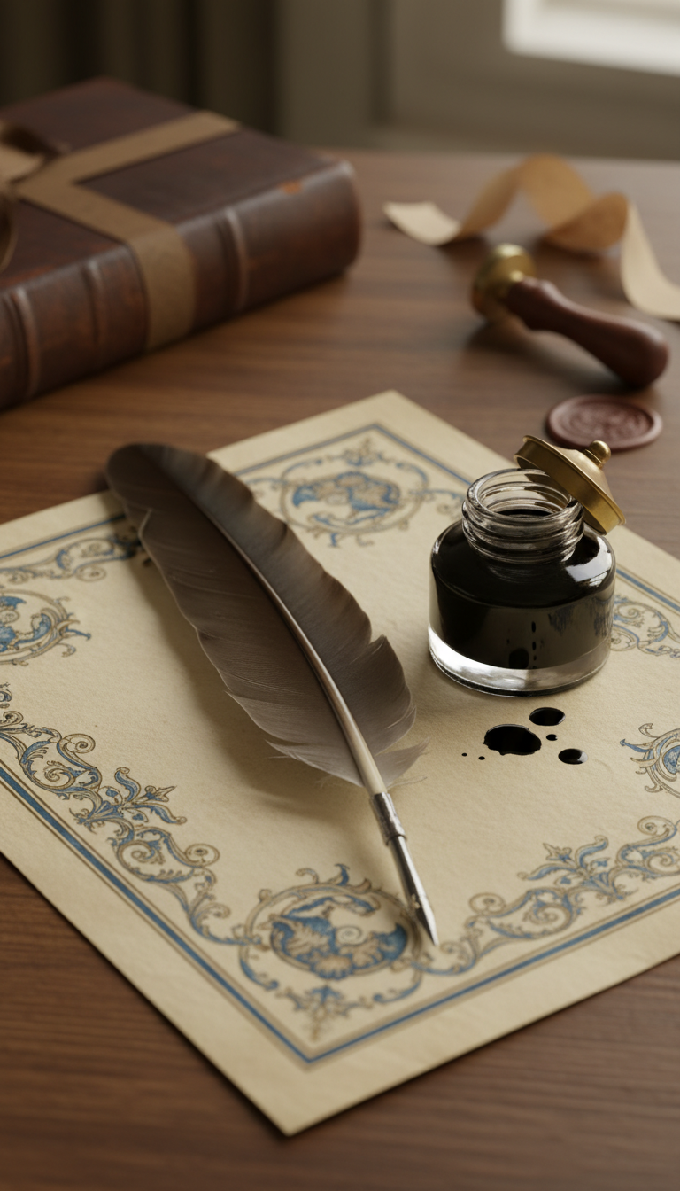 Ein Foto von einem Brief mit altmodischem hübschen Briefpapier, einem Federkiel und einem Tintenfass.