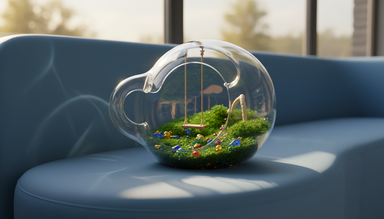 A gently glowing glass terrarium shaped like a whimsical thought bubble, filled with lush, green moss, tiny colorful pebbles, and a miniature wooden swing. The terrarium rests on a rounded, soft-blue cushioned bench set by a sun-drenched window. Late afternoon light pours in, creating dynamic highlights on the glass and playful reflections on the bench’s rounded surface. The mood is contemplative but vibrant, with an imaginative, serene atmosphere. Photographed from a close, slightly low angle, with shallow depth of field blurring the background, drawing focus to the playful centerpiece. The scene captures a photographic, bright, and whimsical visual spirit fitting for playful philosophical musings.
